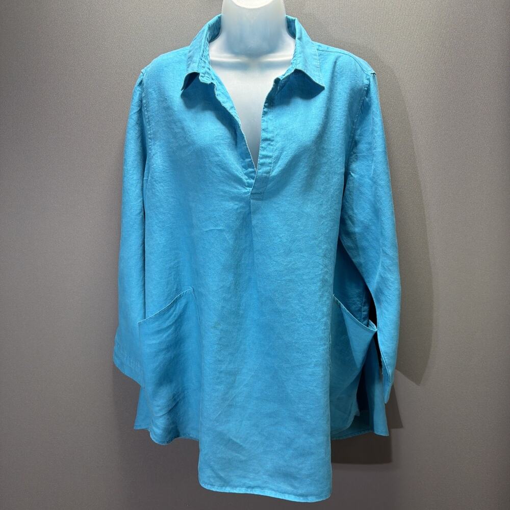 For Cynthia Beachwear Turquoise 100% Linen Tunic Women's Plus Size 2X Spot